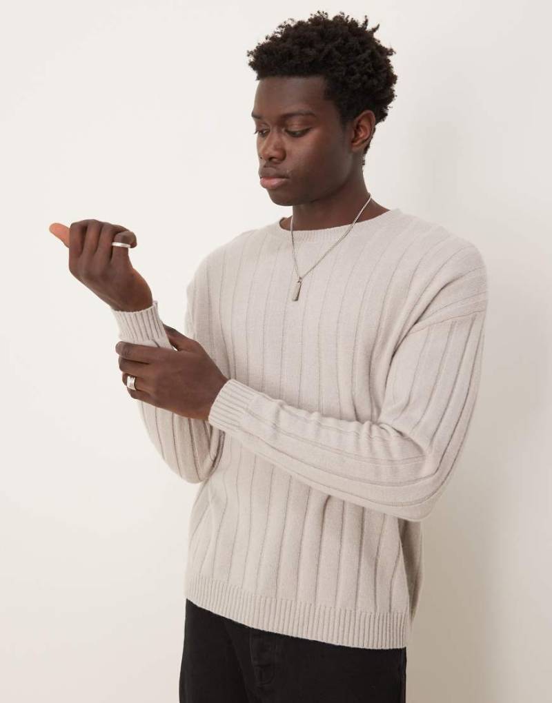 ASOS DESIGN - Breit gerippter Strickpullover aus Lammwolle in Grau mit lockerem Schnitt von ASOS DESIGN