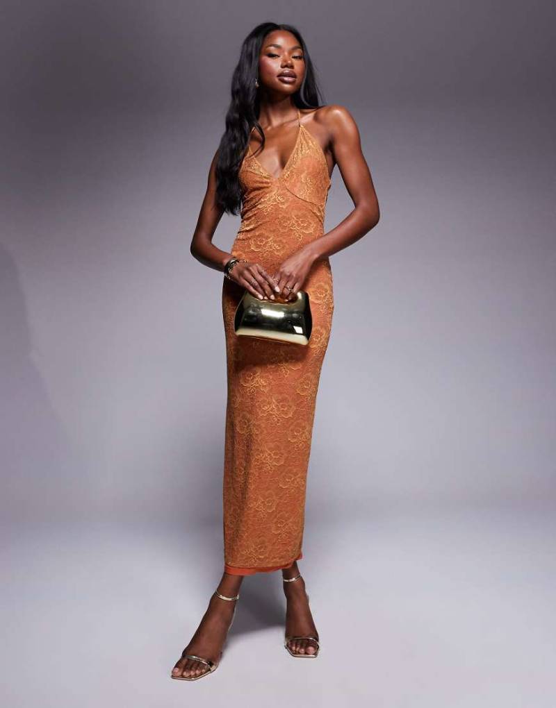 ASOS DESIGN - Camisole-Maxikleid aus Spitze in Orange mit transparenten Details von ASOS DESIGN