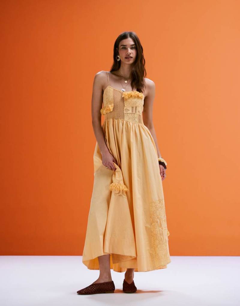 ASOS DESIGN - Camisole-Midikleid in Gelb mit Spitzen-Patchwork von ASOS DESIGN