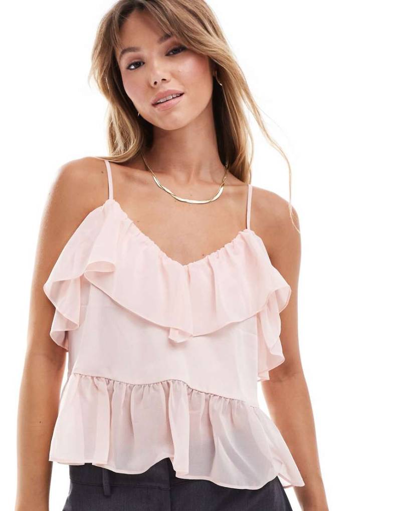ASOS DESIGN - Camisole aus Satin-Chiffon-Mix in Rosa mit Rüschen von ASOS DESIGN