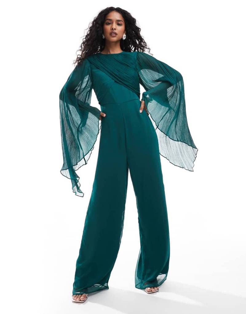 ASOS DESIGN - Chiffon-Jumpsuit in Juwelengrün mit akzentuierten Ärmeln und weitem Bein von ASOS DESIGN