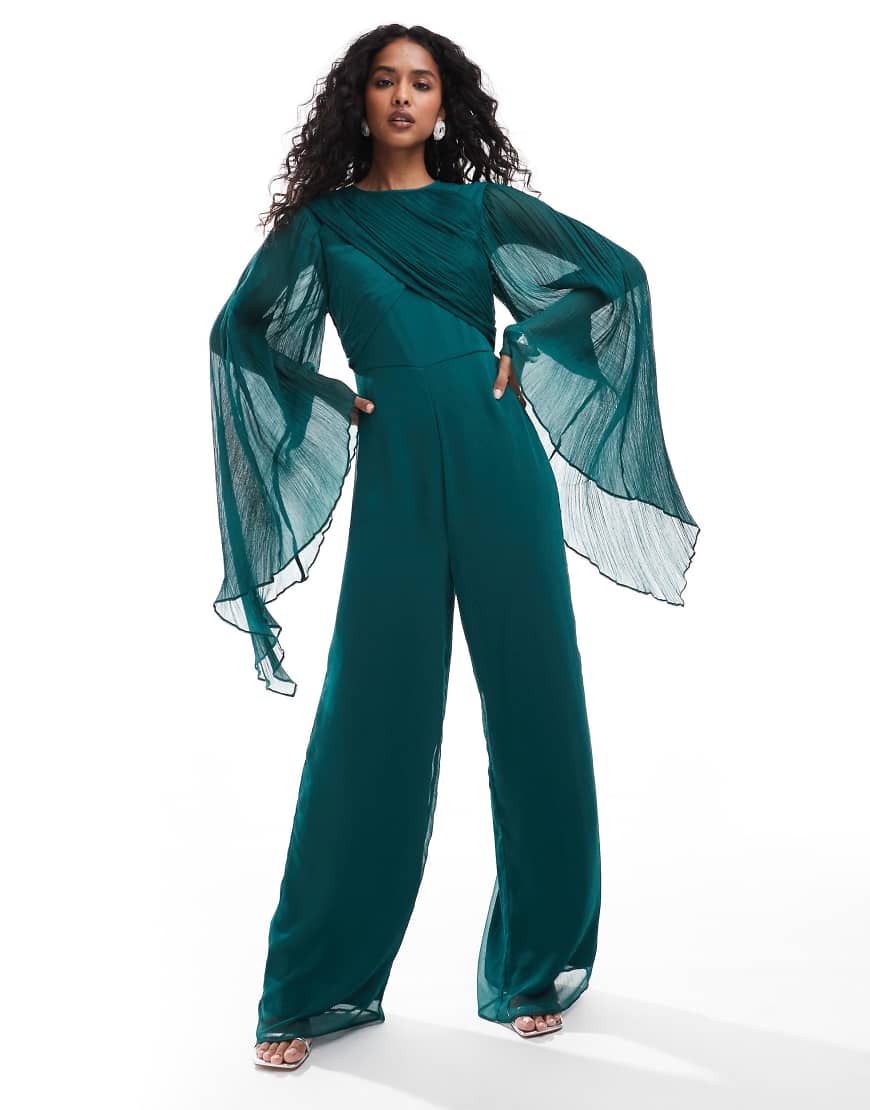 ASOS DESIGN - Chiffon-Jumpsuit in Juwelengrün mit akzentuierten Ärmeln und weitem Bein von ASOS DESIGN