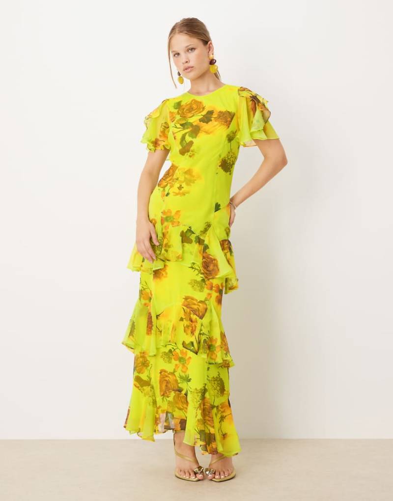 ASOS DESIGN - Chiffon-Maxikleid in Grün mit Rüschen und Blumenmuster-Bunt von ASOS DESIGN
