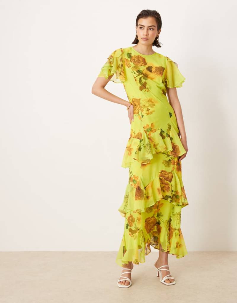 ASOS DESIGN - Chiffon-Maxikleid in Grün mit Rüschen und Blumenmuster-Bunt von ASOS DESIGN