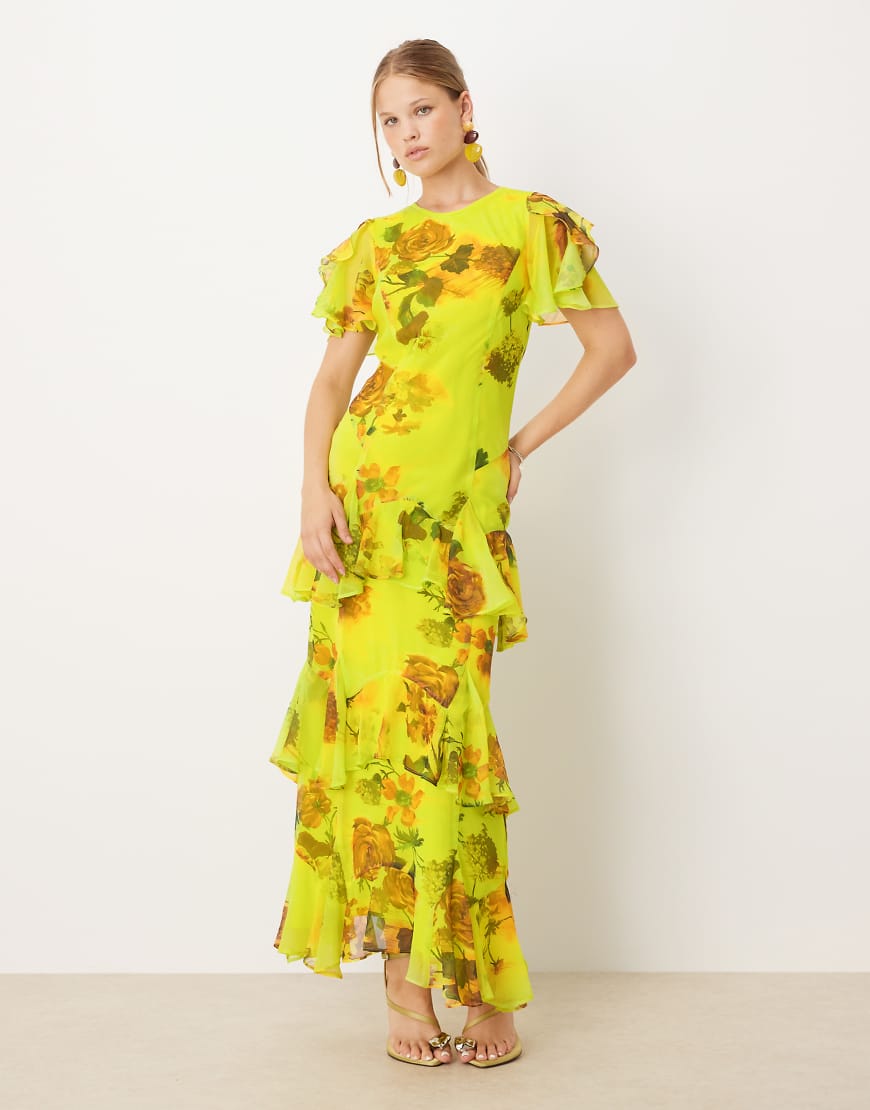 ASOS DESIGN - Chiffon-Maxikleid in Grün mit Rüschen und Blumenmuster-Bunt von ASOS DESIGN