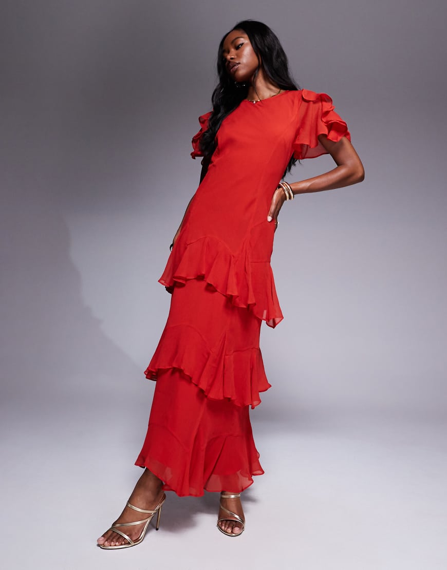 ASOS DESIGN - Chiffon-Maxikleid in gedämpftem Rot mit Rüschen-Bunt von ASOS DESIGN