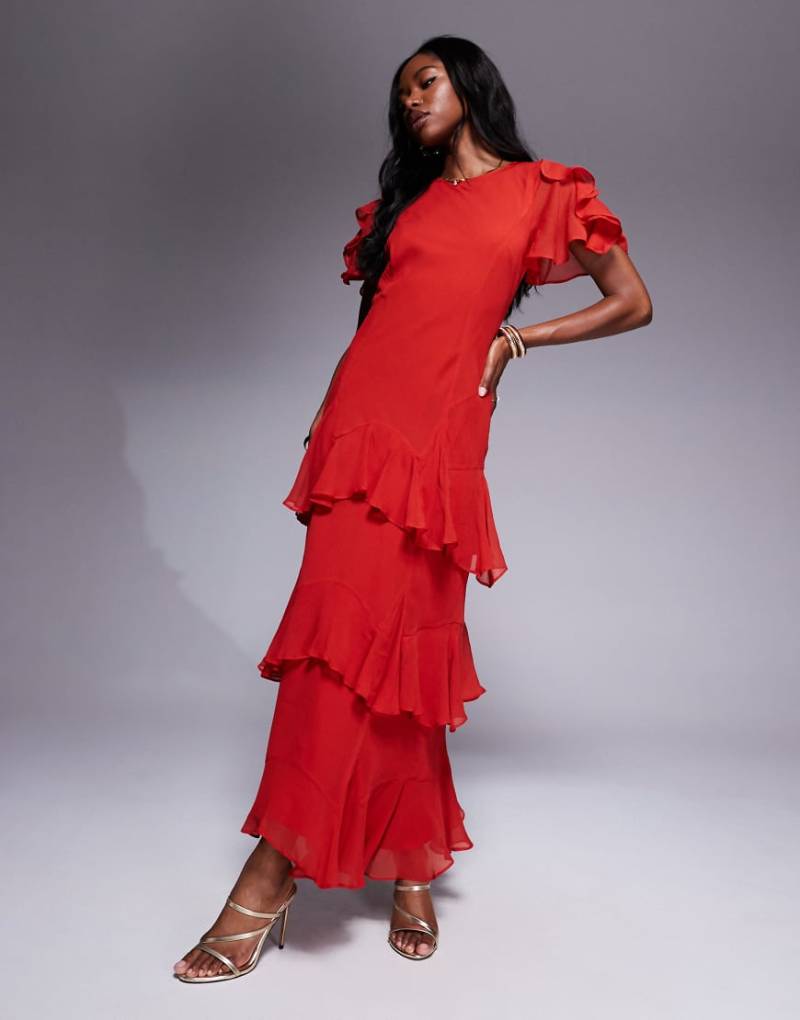 ASOS DESIGN - Chiffon-Maxikleid in gedämpftem Rot mit Rüschen-Bunt von ASOS DESIGN