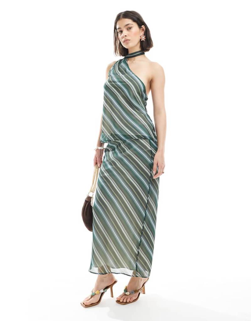 ASOS DESIGN - Chiffon-Maxirock in gestreiftem Grün mit Schrägschnitt-Bunt von ASOS DESIGN