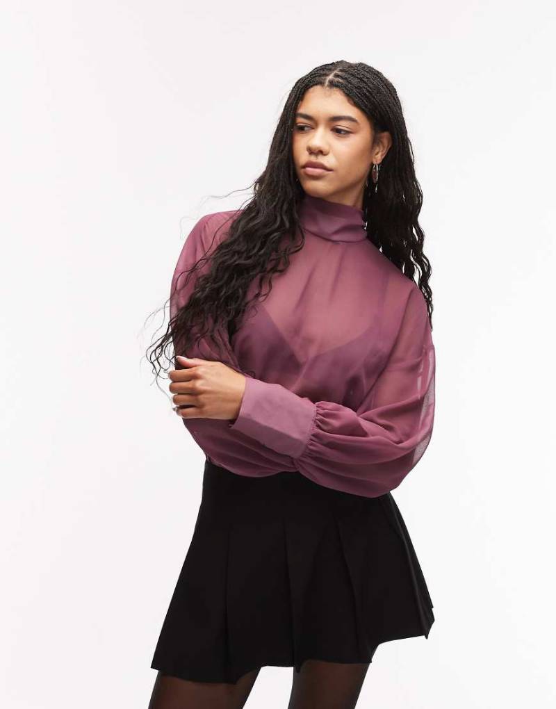 ASOS DESIGN - Chiffonbluse in Pflaume mit Stehkragen und voluminösen Ärmeln-Lila von ASOS DESIGN