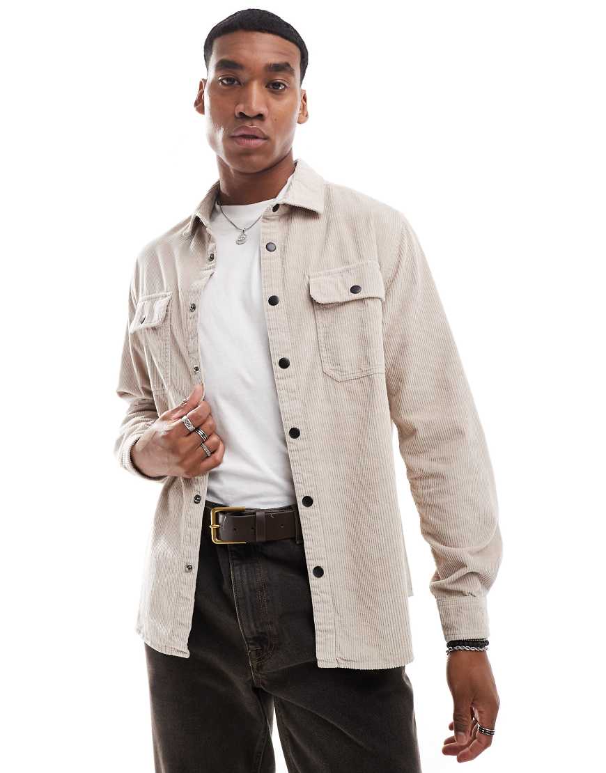 ASOS DESIGN - Cord-Hemdjacke in Steinbeige mit Druckknöpfen-Neutral von ASOS DESIGN