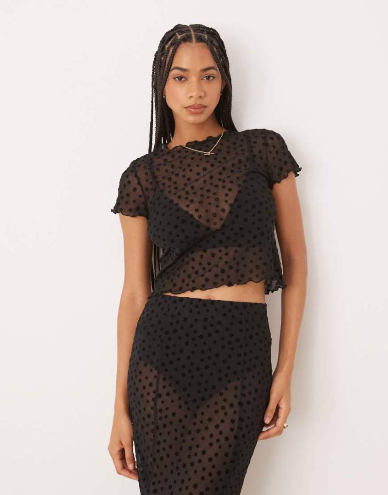 ASOS DESIGN - Cropped-Oberteil aus Netzstoff in Schwarz mit beflocktem Blumenmuster von ASOS DESIGN