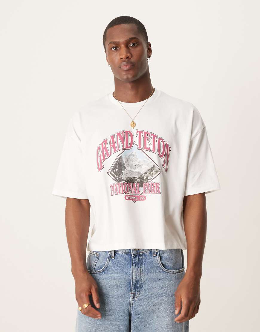 ASOS DESIGN - Cropped Oversize-T-Shirt in Weiß mit Landschafts-Print von ASOS DESIGN