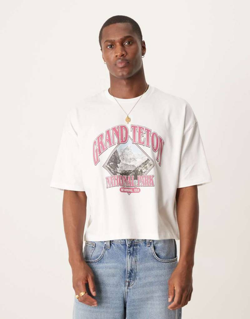ASOS DESIGN - Cropped Oversize-T-Shirt in Weiß mit Landschafts-Print von ASOS DESIGN