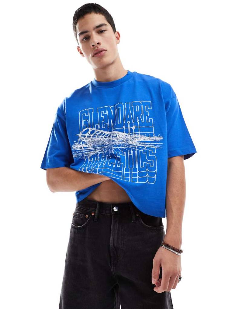 ASOS DESIGN - Cropped-T-Shirt in Blau mit Sport-Print und Oversize-Schnitt von ASOS DESIGN