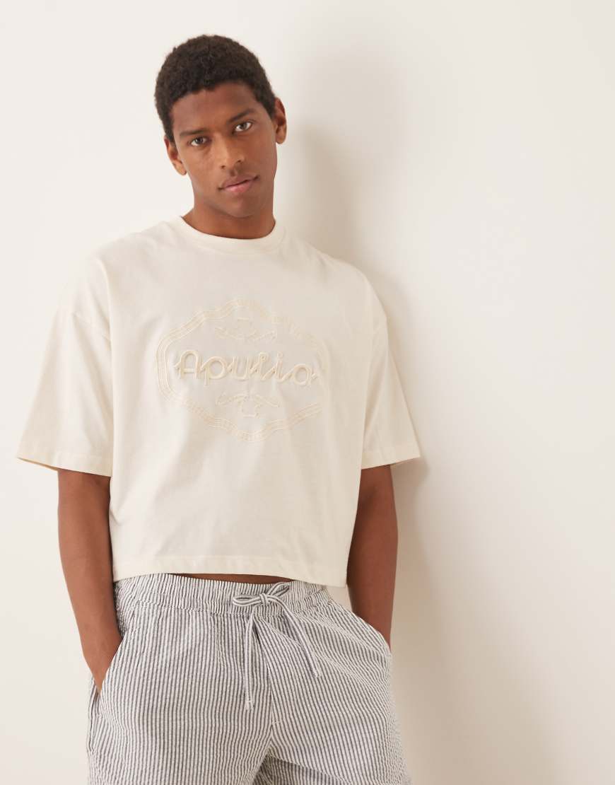 ASOS DESIGN - Cropped-T-Shirt in Cremeweiß mit farblich abgestimmter Stickerei und Oversize-Passform von ASOS DESIGN