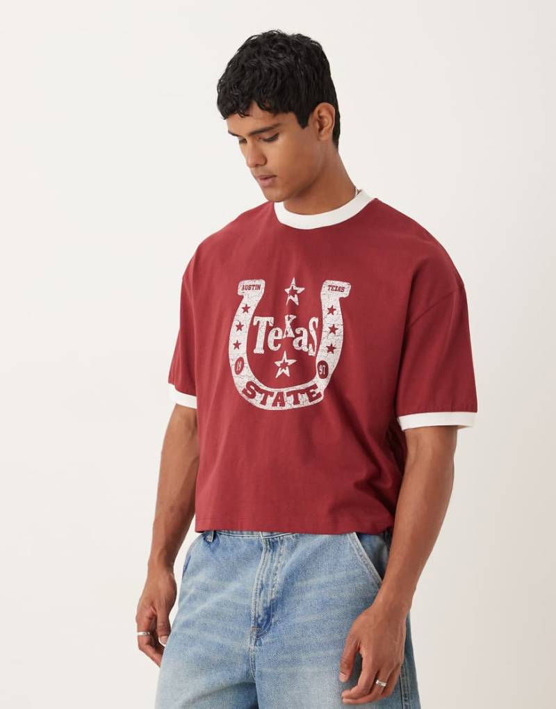 ASOS DESIGN - Cropped-T-Shirt in Rostrot mit Oversize-Passform und Hufeisen-Grafik von ASOS DESIGN
