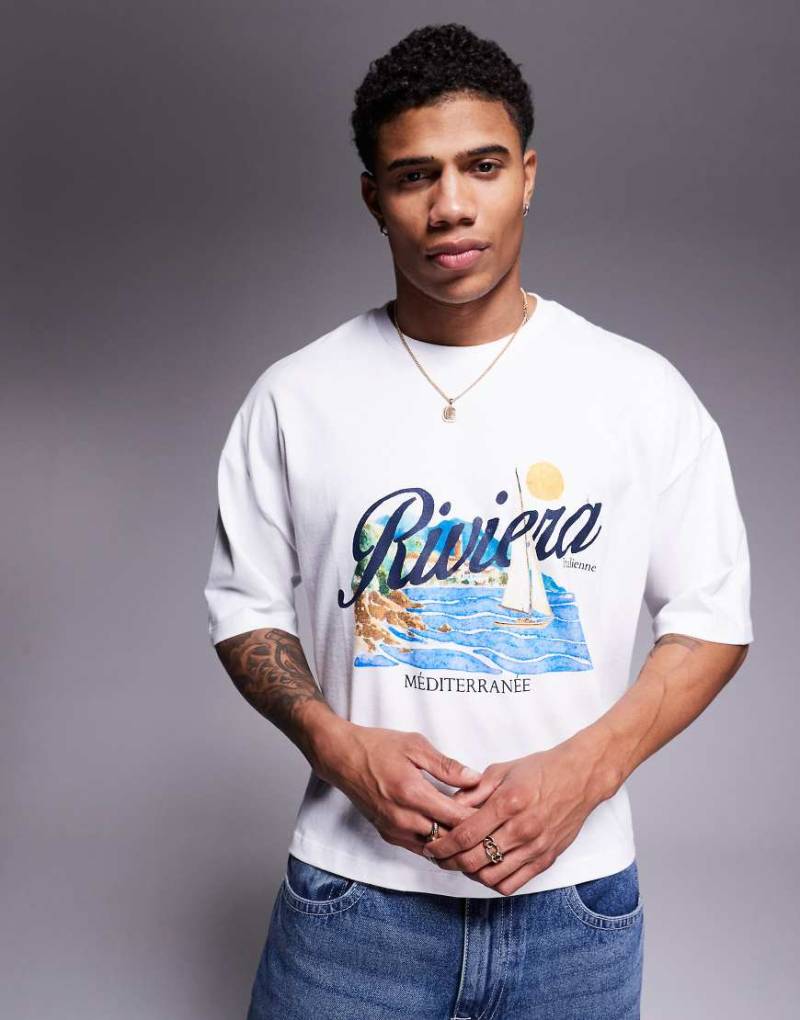 ASOS DESIGN - Cropped-T-Shirt in Weiß mit Segel-Print und Oversize-Passform von ASOS DESIGN