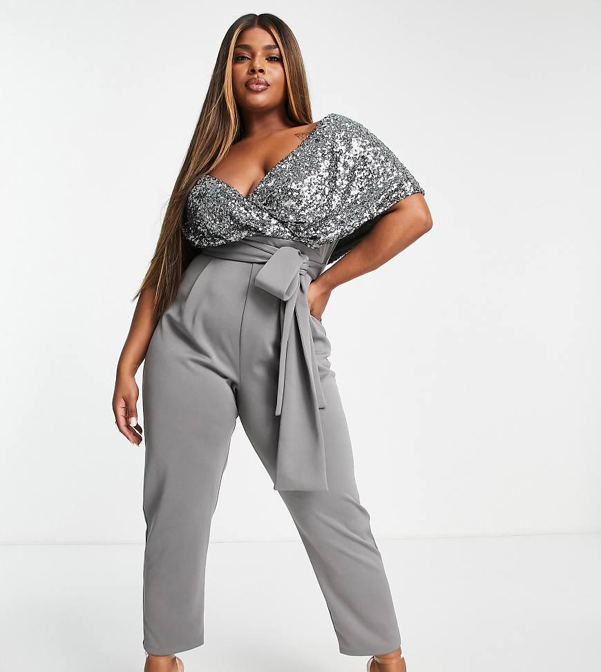 ASOS DESIGN Curve - 2-in 1-Jumpsuit in Zinngrau mit Paillettenbesatz und abfallender Schulterpartie-Silber ASOS DESIGN Curve - 2-in 1-Jumpsuit in Zinngrau mit Paillettenbesatz und abfallender Schulterpartie-Silber von ASOS DESIGN