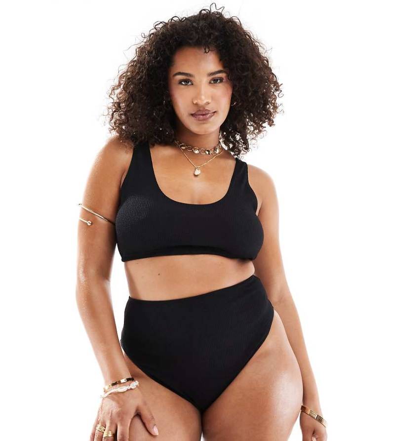 ASOS DESIGN Curve - Amy - Mix and Match - Bikinihose in Schwarz mit Knitterstruktur, hohem Beinausschnitt und hohem Bund von ASOS Curve