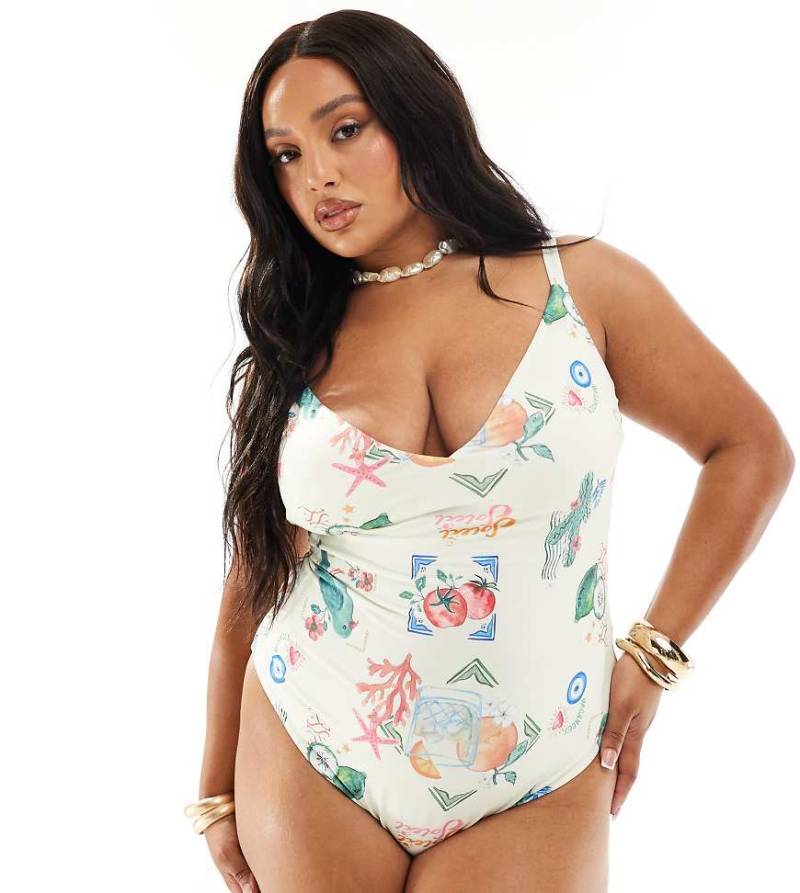 ASOS DESIGN Curve - Badeanzug mit V-Ausschnitt und Postkartenprint-Bunt von ASOS DESIGN