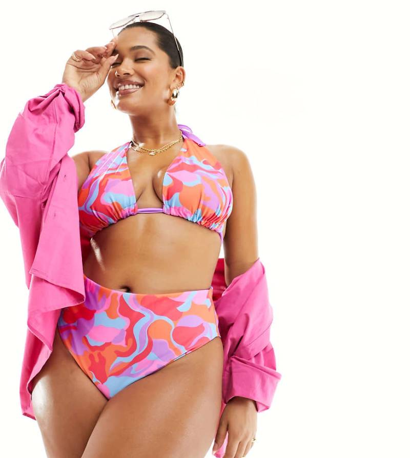 ASOS DESIGN Curve - Bikinihose zum Wenden mit hohem Beinausschnitt, hohem Bund und abstraktem Muster-Bunt von ASOS Curve