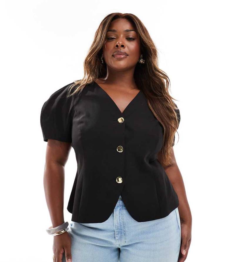 ASOS DESIGN Curve - Blazer in Schwarz mit kurzen Ballonärmeln und geformter Hüftpartie von ASOS DESIGN