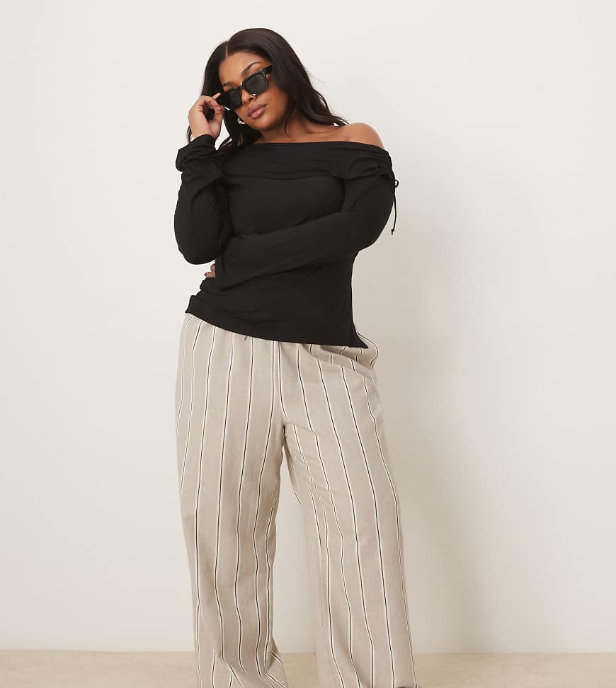 ASOS DESIGN Curve - Elegante Hose in Leinenoptik in Taupe mit Streifen und elastischem Bund mit Schnürung-Bunt von ASOS DESIGN
