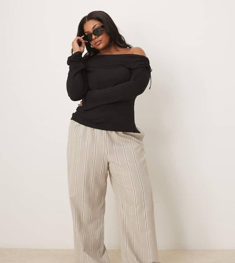 ASOS DESIGN Curve - Elegante Hose in Leinenoptik in Taupe mit Streifen und elastischem Bund mit Schnürung-Bunt von ASOS DESIGN