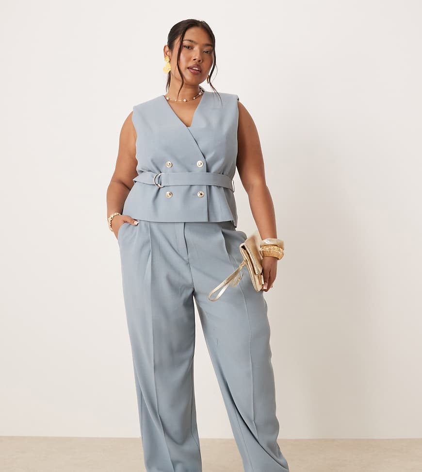 ASOS DESIGN Curve - Elegante Hose in blauer Leinenoptik mit goldfarbenen Knöpfen, Kombiteil von ASOS DESIGN