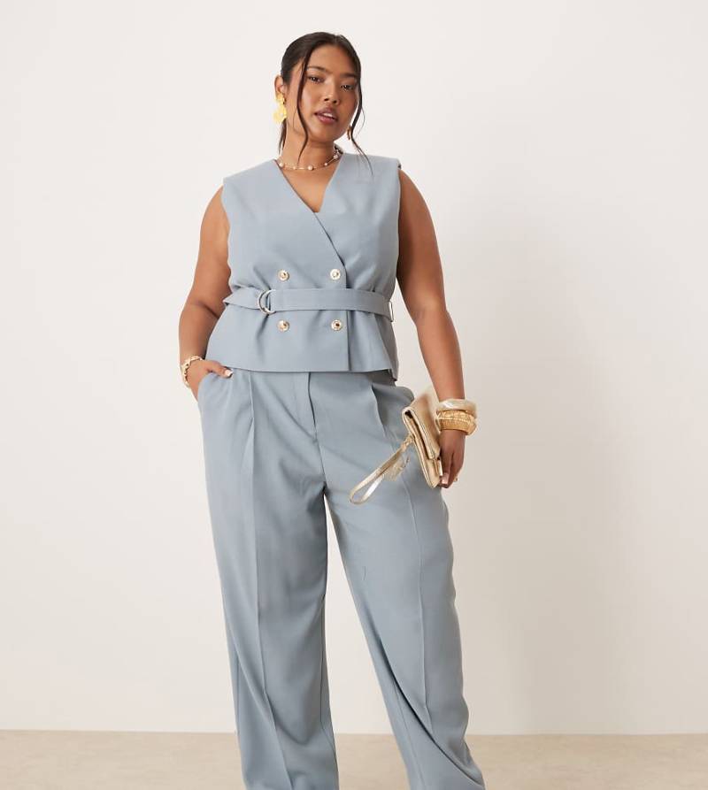 ASOS DESIGN Curve - Elegante Hose in blauer Leinenoptik mit goldfarbenen Knöpfen, Kombiteil von ASOS DESIGN