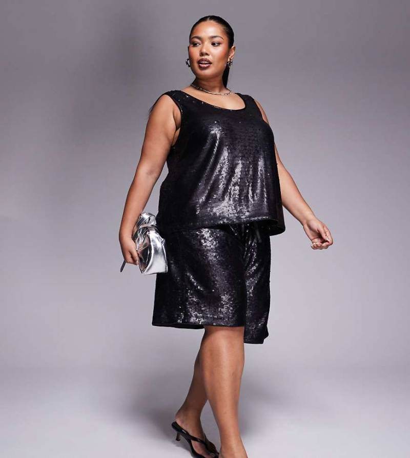 ASOS DESIGN Curve - Elegante Longline-Shorts in Schwarz mit Pailletten, Kombiteil-Goldfarben von ASOS DESIGN