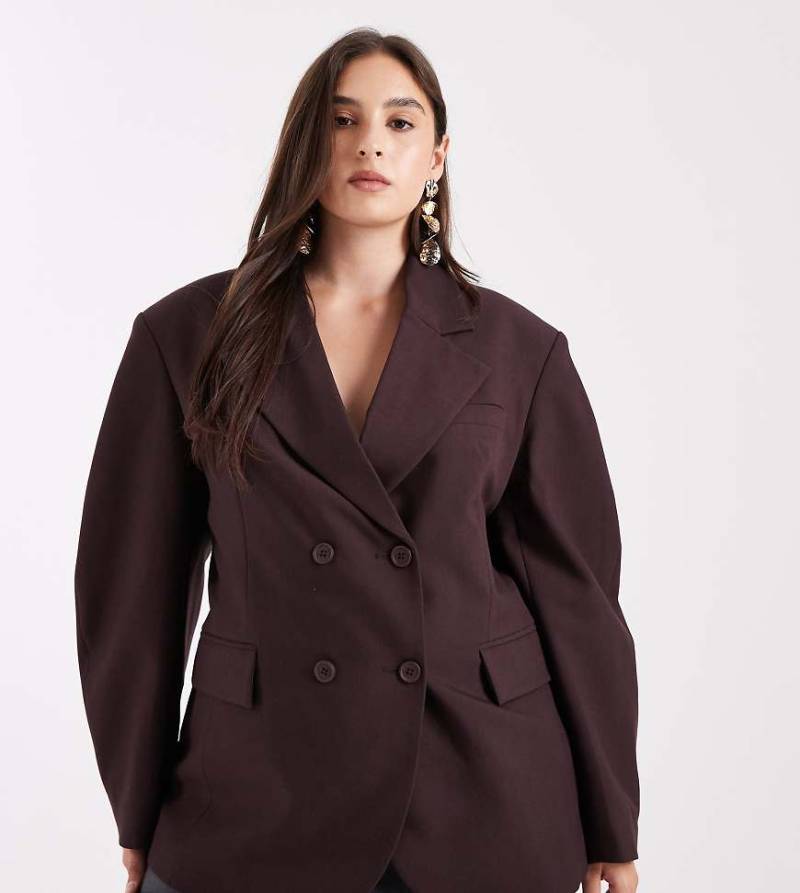 ASOS DESIGN Curve - Eleganter, zweireihiger Blazer in Bitterschokoladenbraun mit Cocoon-Ärmeln-Brown von ASOS DESIGN