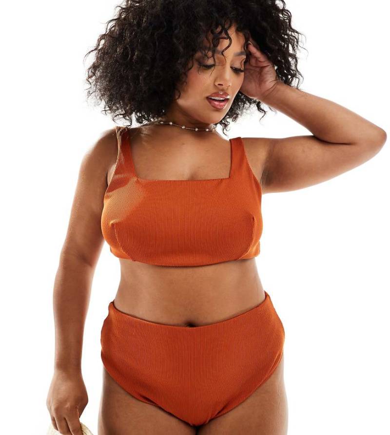 ASOS DESIGN Curve - Emily - Gerippte Bikinihose in Rostrot mit hohem Beinausschnitt und hoher Taille-Orange von ASOS DESIGN