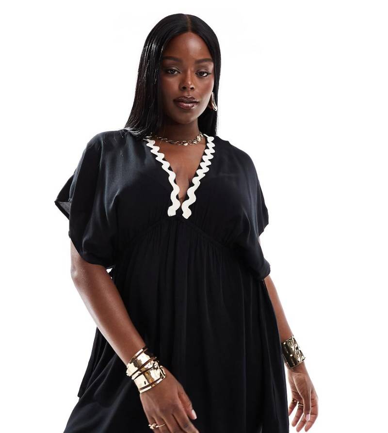 ASOS DESIGN Curve - Faye - Mini-Strandkleid in Schwarz mit Flatterärmeln und Tunnelzug in der Taille von ASOS DESIGN