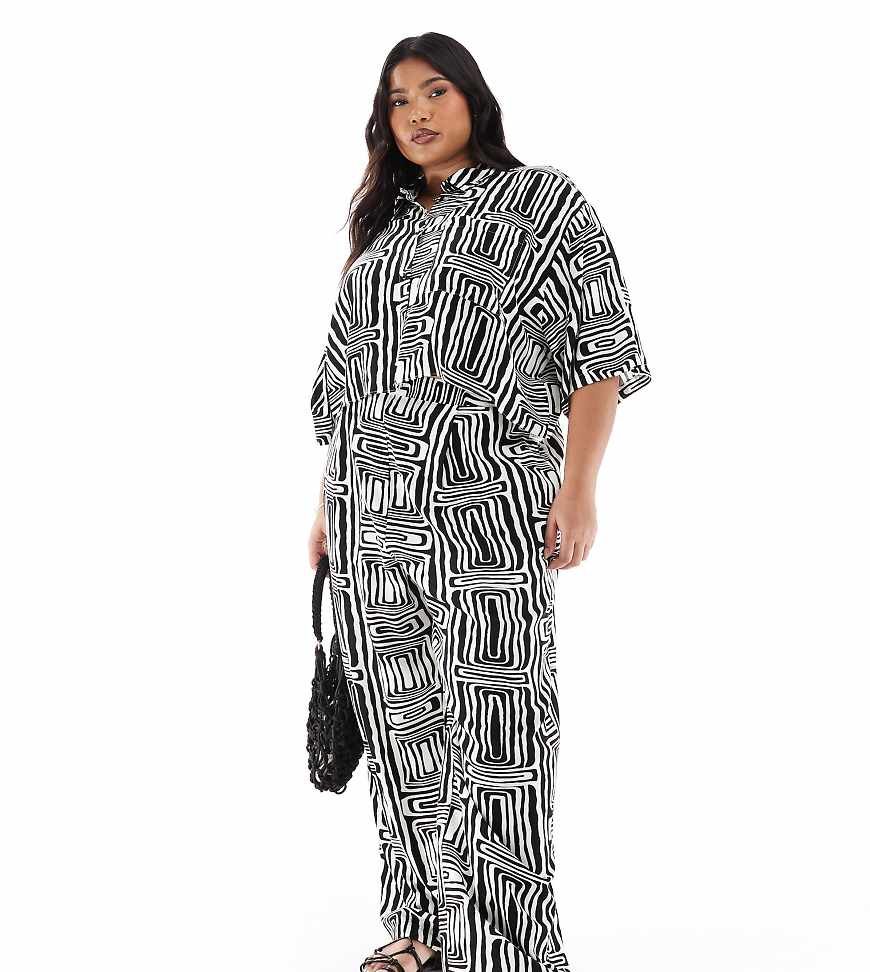 ASOS DESIGN Curve - Gerade geschnittene Hose mit Schwarz-Weiß-Print und elastischem Bund, Kombiteil-Bunt von ASOS DESIGN