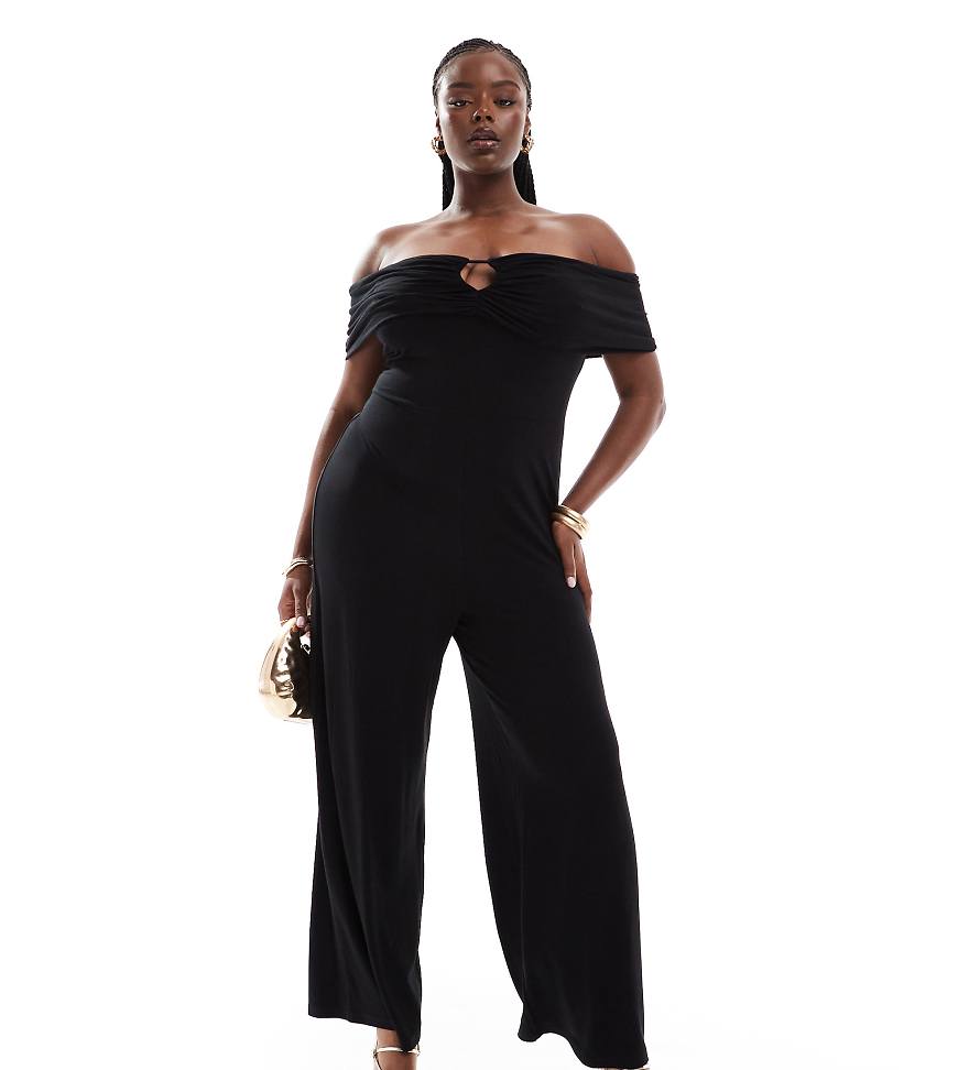 ASOS DESIGN Curve - Geraffter Bardot-Jumpsuit in Schwarz mit Zierausschnitt vorne ASOS DESIGN Curve - Geraffter Bardot-Jumpsuit in Schwarz mit Zierausschnitt vorne von ASOS DESIGN
