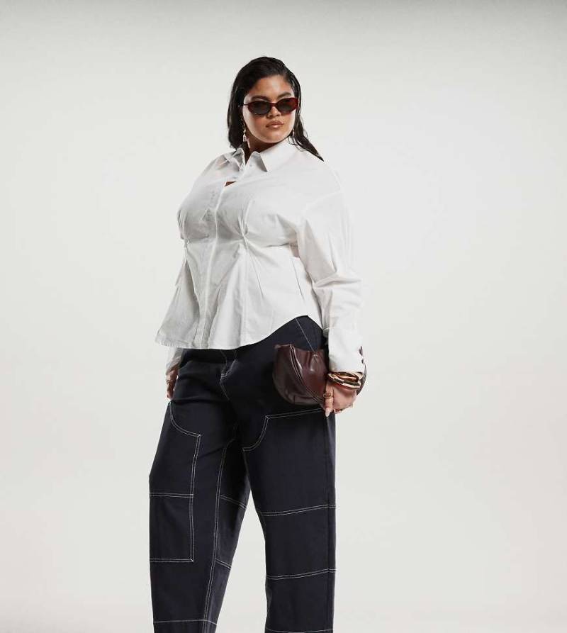 ASOS DESIGN Curve - Hose in Marineblau mit weitem Bein und Kontrastnähten-Schwarz von ASOS DESIGN