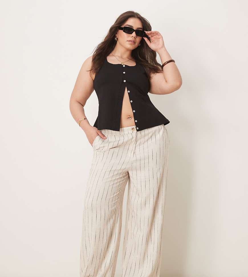 ASOS DESIGN Curve - Hose in Natur mit lockerem, geradem Schnitt, Leinenanteil und welligem Streifenmuster-Bunt von ASOS DESIGN
