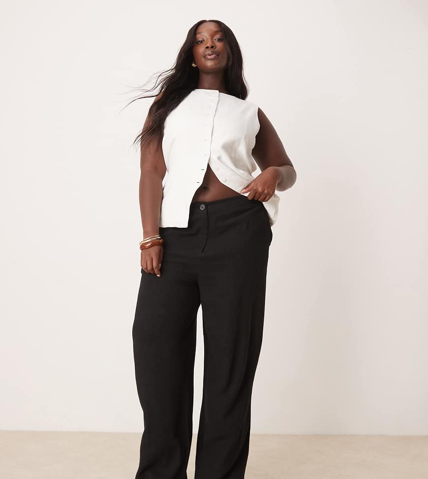 ASOS DESIGN Curve - Hose in Schwarz mit Leinenanteil und lockerem, geradem Schnitt von ASOS DESIGN