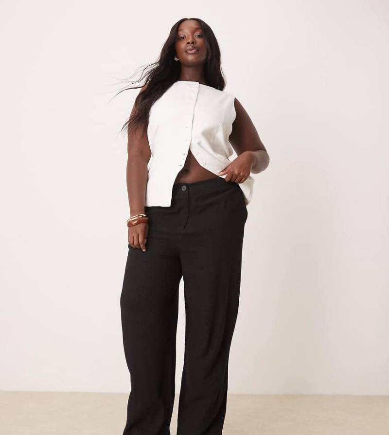 ASOS DESIGN Curve - Hose in Schwarz mit Leinenanteil und lockerem, geradem Schnitt von ASOS DESIGN