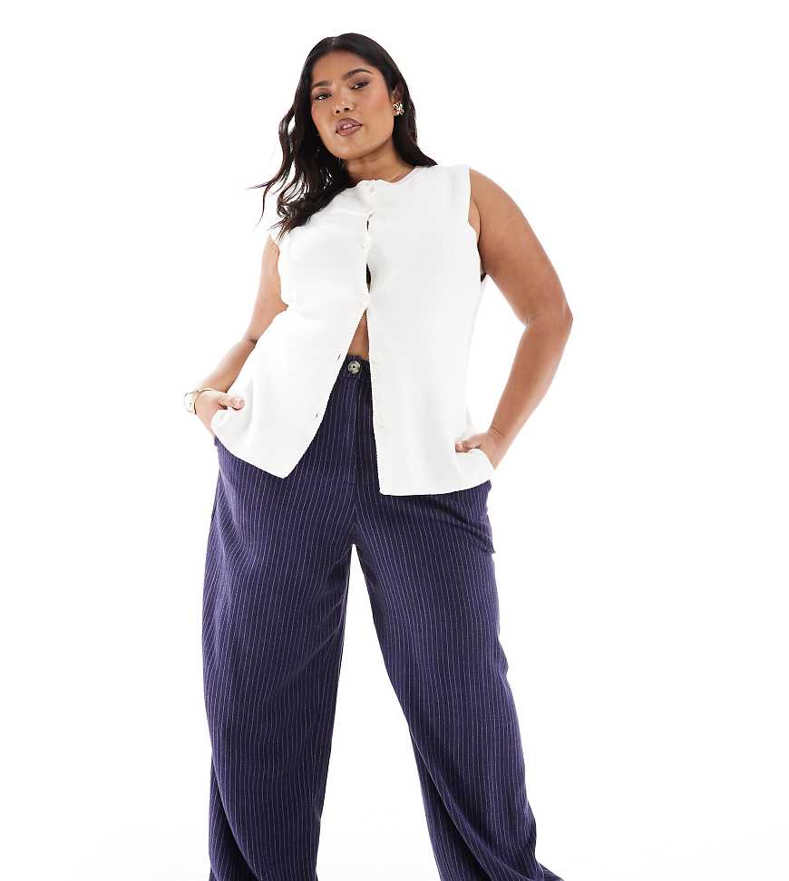 ASOS DESIGN Curve - Hose in gestreiftem Marineblau mit lockerem, geradem Schnitt und Leinenanteil-Bunt von ASOS DESIGN