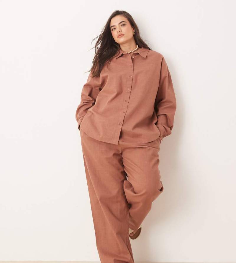 ASOS DESIGN Curve - Hose in mokkabrauner Leinenoptik mit elastischem Bund, Kombiteil von ASOS DESIGN