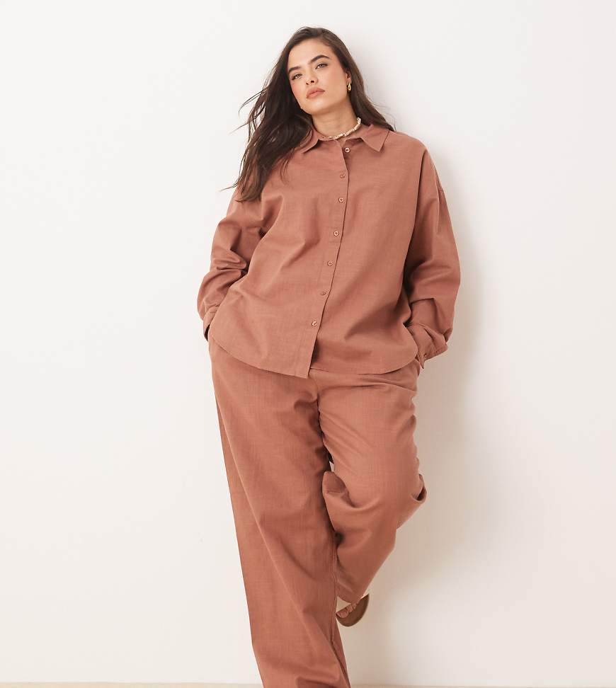 ASOS DESIGN Curve - Hose in mokkabrauner Leinenoptik mit elastischem Bund, Kombiteil von ASOS DESIGN