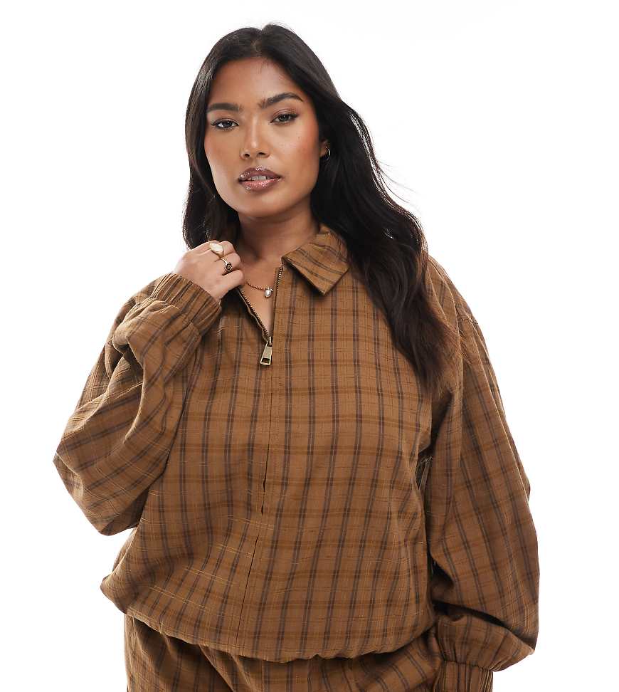ASOS DESIGN Curve - Karierte Jacke in Senfgelb mit Ballonsaum, Kombiteil von ASOS DESIGN