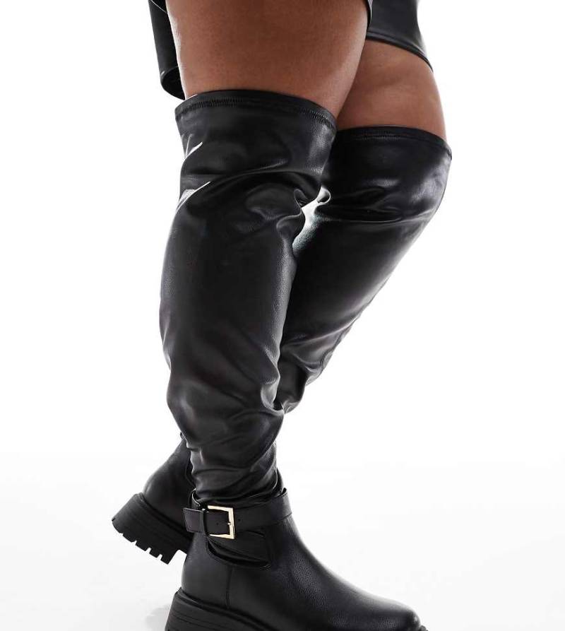 ASOS DESIGN Curve - Kirby - Flache Overknee-Stiefel in Schwarz mit Schnallendetail von ASOS DESIGN