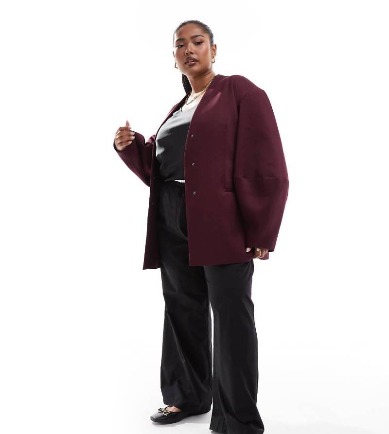 ASOS DESIGN Curve - Kragenloser Blazer in Burgunderrot mit Cocoon-Ärmeln-Lila von ASOS DESIGN