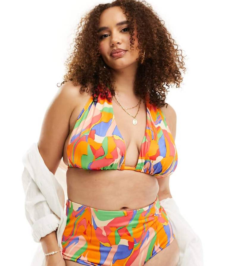ASOS DESIGN Curve - Mix and Match - Bikiniohose mit hohem Bund und leuchtendem abstraktem Muster-Bunt von ASOS Curve