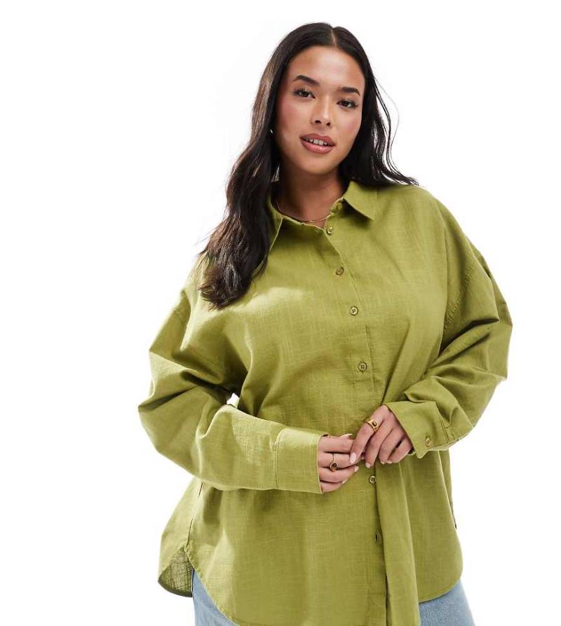 ASOS DESIGN Curve - Oversize-Hemd in Leinenoptik in Olivgrün von ASOS DESIGN