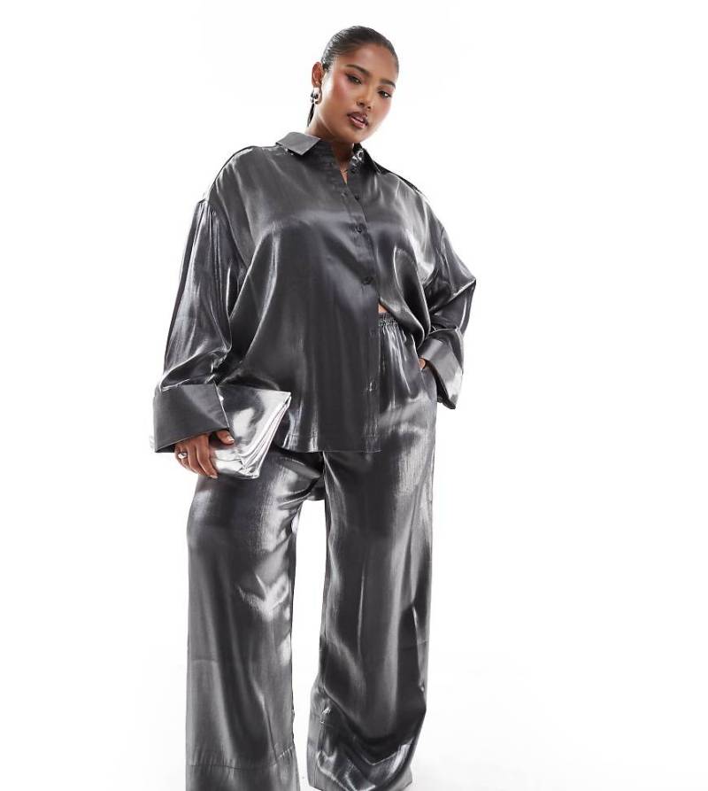 ASOS DESIGN Curve - Schlupfhose aus Satin in Silber, Kombiteil-Grau von ASOS Curve