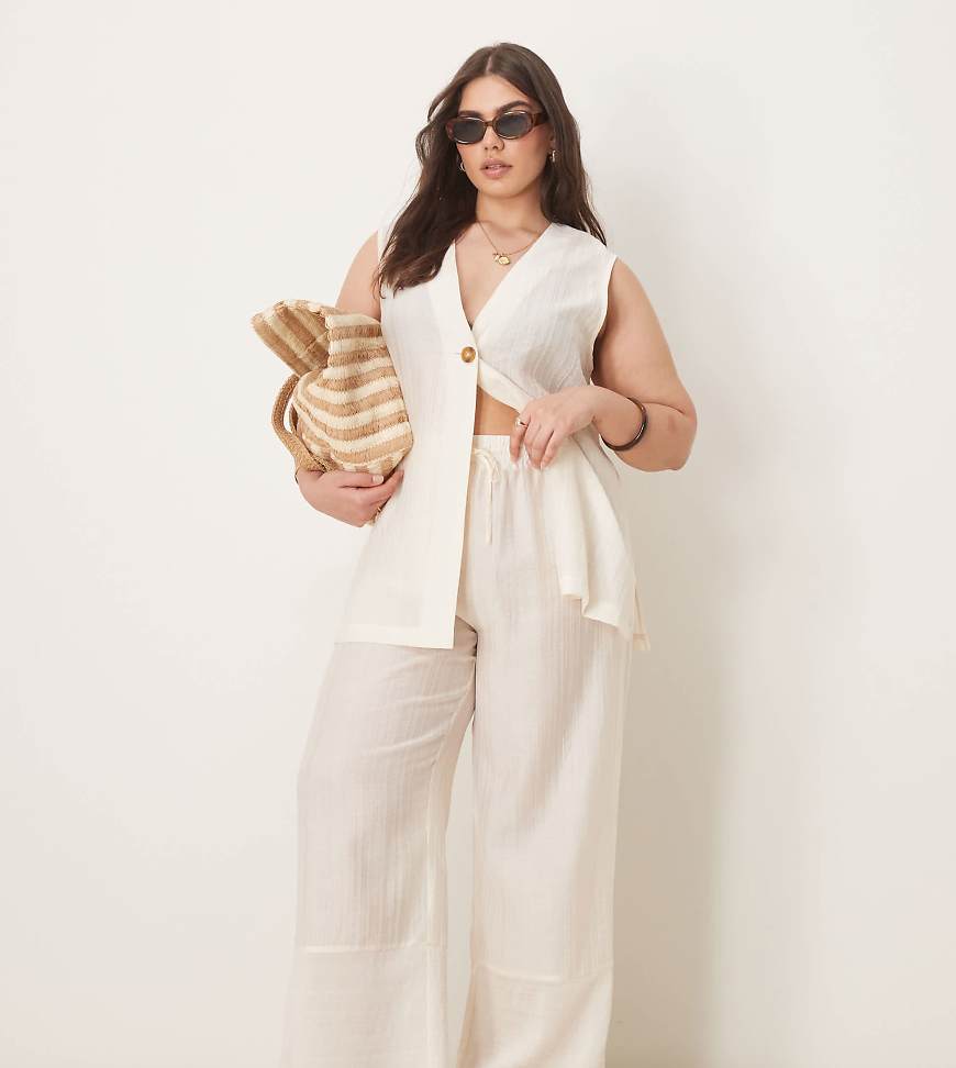 ASOS DESIGN Curve - Transparente, strukturierte Hose in Wollweiß mit weitem Bein, Kombiteil von ASOS DESIGN